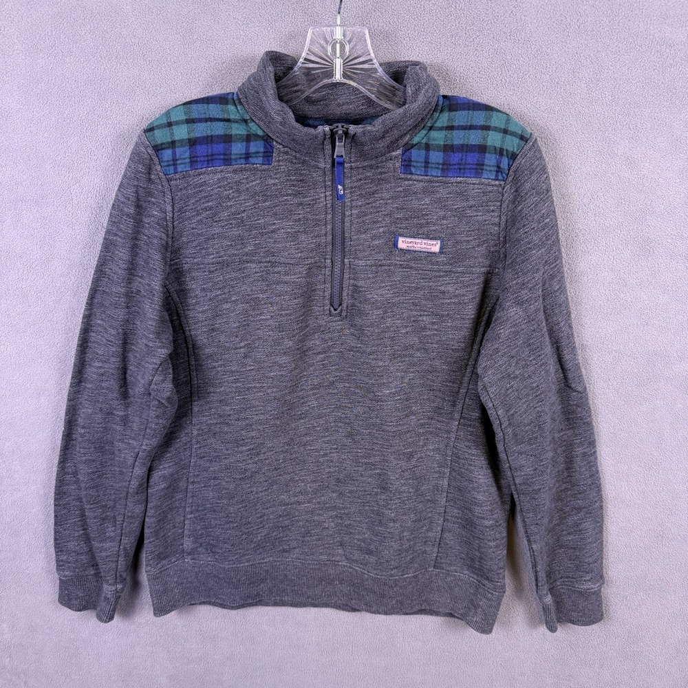 Vineyard Vines Women's 1/4 Zip Sweatshirt M Black Watch Plaid Yoke Shep Sweater